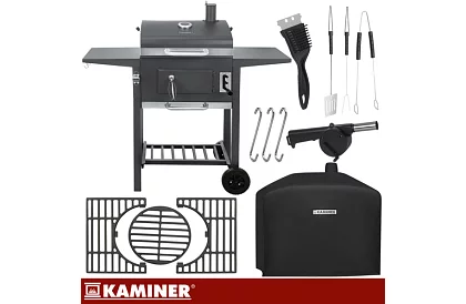 Grill ogrodowy z żeliwnym rusztem, pokrywą - na węgiel drzewny