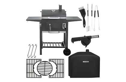 Grill ogrodowy z żeliwnym rusztem, pokrywą - na węgiel drzewny