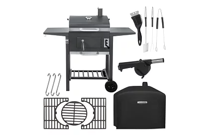 Grill ogrodowy z żeliwnym rusztem, pokrywą - na węgiel drzewny