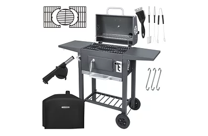 Grill ogrodowy z żeliwnym rusztem, pokrywą - na węgiel drzewny