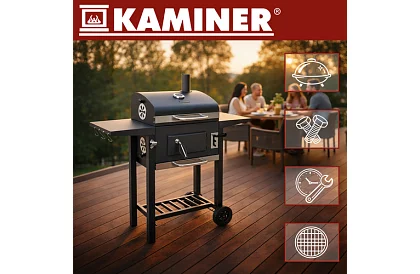 Grill ogrodowy z żeliwnym rusztem, pokrywą - na węgiel drzewny