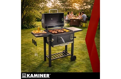 Grill ogrodowy z żeliwnym rusztem, pokrywą - na węgiel drzewny