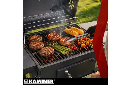 Grill ogrodowy z żeliwnym rusztem, pokrywą - na węgiel drzewny