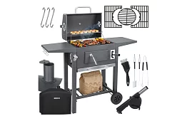 Grill ogrodowy z żeliwnym rusztem, pokrywą - na węgiel drzewny