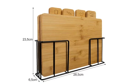 Zestaw 4 bambusowych desek do krojenia i serwowania + stojak
