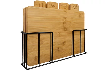 Zestaw 4 bambusowych desek do krojenia i serwowania + stojak