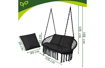 Zewnętrzna dwuosobowa czarna huśtawka Stork's Nest + poduszki