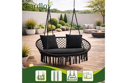 Zewnętrzna dwuosobowa czarna huśtawka Stork's Nest + poduszki