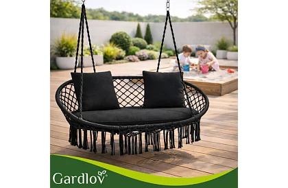 Zewnętrzna dwuosobowa czarna huśtawka Stork's Nest + poduszki