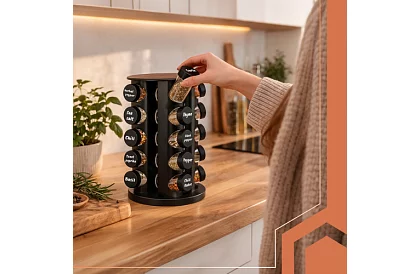 Obrotna podstawka na przyprawy + Zestaw 20 pojemników na przyprawy