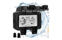Wodoodporna zewnętrzna podwójna gniazdko z klapką - IP66, 230V, 16A