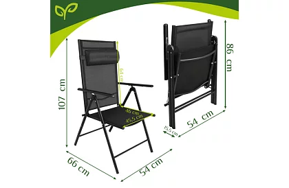 Skladane czarne krzesła ogrodowe z podłokietnikami i oparciem – 2 sztuki