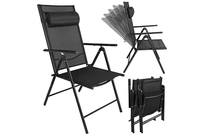 Skladane czarne krzesła ogrodowe z podłokietnikami i oparciem – 2 sztuki