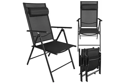 Skladane czarne krzesła ogrodowe z podłokietnikami i oparciem – 2 sztuki