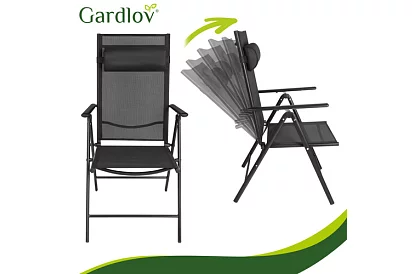 Skladane czarne krzesła ogrodowe z podłokietnikami i oparciem – 2 sztuki