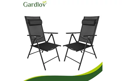 Skladane czarne krzesła ogrodowe z podłokietnikami i oparciem – 2 sztuki