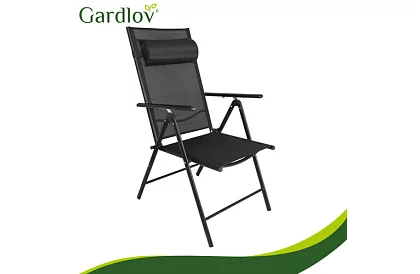 Skladane czarne krzesła ogrodowe z podłokietnikami i oparciem – 2 sztuki