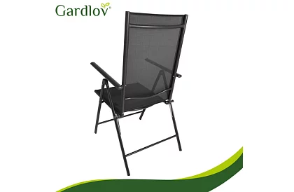 Skladane czarne krzesła ogrodowe z podłokietnikami i oparciem – 2 sztuki