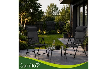 Skladane czarne krzesła ogrodowe z podłokietnikami i oparciem – 2 sztuki