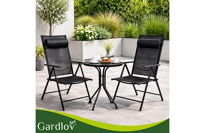 Skladane czarne krzesła ogrodowe z podłokietnikami i oparciem – 2 sztuki