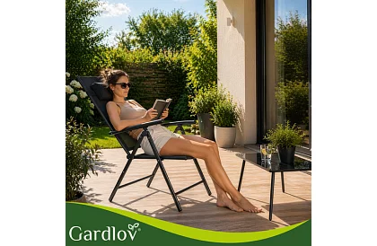 Skladane czarne krzesła ogrodowe z podłokietnikami i oparciem – 2 sztuki