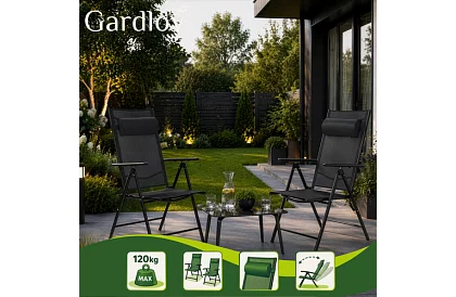 Skladane czarne krzesła ogrodowe z podłokietnikami i oparciem – 2 sztuki