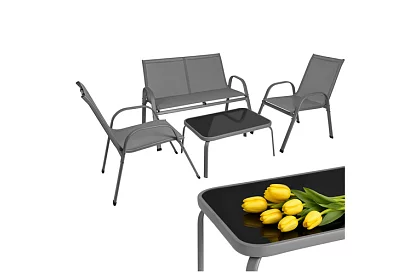 Meble ogrodowe sofa, 2 fotele, stół – szary