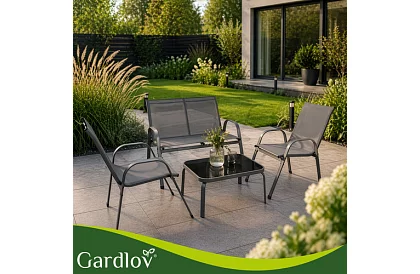 Meble ogrodowe sofa, 2 fotele, stół – szary