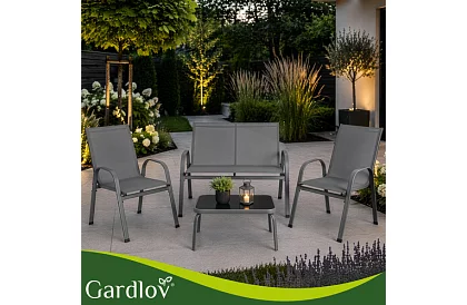 Meble ogrodowe sofa, 2 fotele, stół – szary