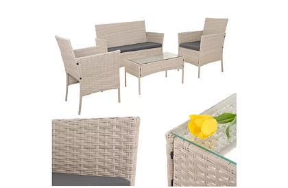 Zestaw mebli ogrodowych – stół, sofa, 2 krzesła – beżowy