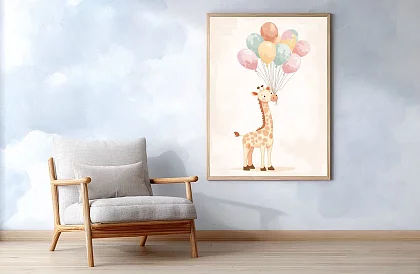 Żyrafa z balonami - obraz - Wesoła żyrafa z kolorowymi balonami 75