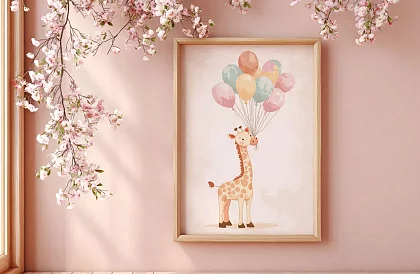 Żyrafa z balonami - obraz - Wesoła żyrafa z kolorowymi balonami 75