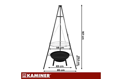 Grill ogrodowy z trójnogą i wiszącym rusztem 58 cm – kominkowe ognisko
