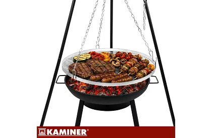 Grill ogrodowy z trójnogą i wiszącym rusztem 58 cm – kominkowe ognisko