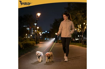 Automatyczna podwójna smycz Flexi z latarką dla 2 psów – 2 × 3 m, oświetlenie LED