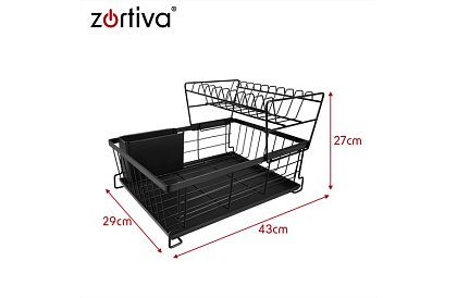 Suszarka do naczyń, dwupoziomowa, duża 43 cm - czarna z przegródką na sztućce
