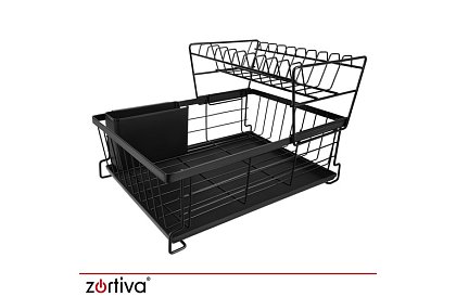 Suszarka do naczyń, dwupoziomowa, duża 43 cm - czarna z przegródką na sztućce