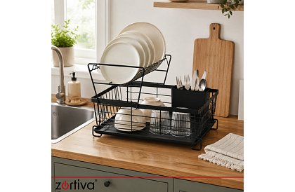 Suszarka do naczyń, dwupoziomowa, duża 43 cm - czarna z przegródką na sztućce