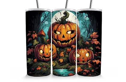 Kubek termiczny podróżny ze słomką 590 ml – Halloweenowe dynie w lesie 03