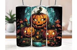 Kubek termiczny podróżny ze słomką 590 ml – Halloweenowe dynie w lesie 03