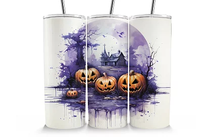Kubek termiczny podróżny ze słomką 590 ml – Halloweenowy straszny dom i dynia 04