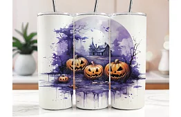 Kubek termiczny podróżny ze słomką 590 ml – Halloweenowy straszny dom i dynia 04