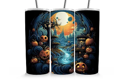 Kubek termiczny podróżny ze słomką 590 ml – Halloweenowy krajobraz z dyniami i rzeką 05