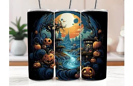 Kubek termiczny podróżny ze słomką 590 ml – Halloweenowy krajobraz z dyniami i rzeką 05