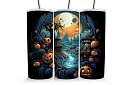 Kubek termiczny podróżny ze słomką 590 ml – Halloweenowy krajobraz z dyniami i rzeką 05