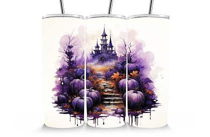 Kubek termiczny podróżny ze słomką 590 ml – Halloweenowy fioletowy zamek z dyniami 17
