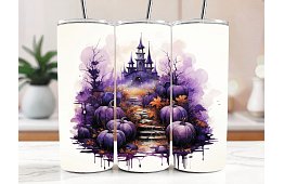 Kubek termiczny podróżny ze słomką 590 ml – Halloweenowy fioletowy zamek z dyniami 17