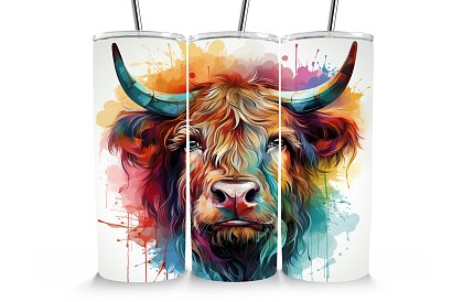 Kubek termiczny podróżny ze słomką 590 ml – Szkocki bydło – akwarela 24