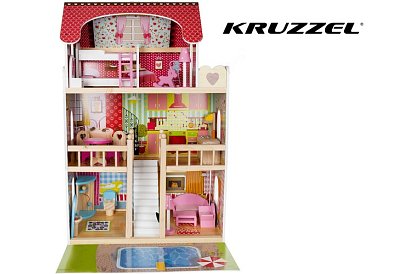 Drewniany domek dla lalek 90 cm z basenem i oświetleniem LED