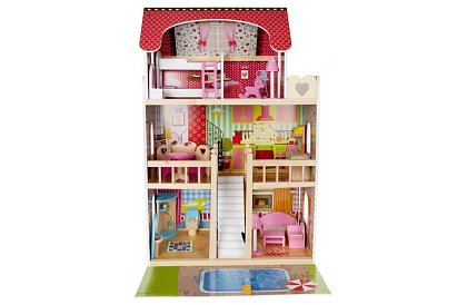 Drewniany domek dla lalek 90 cm z basenem i oświetleniem LED